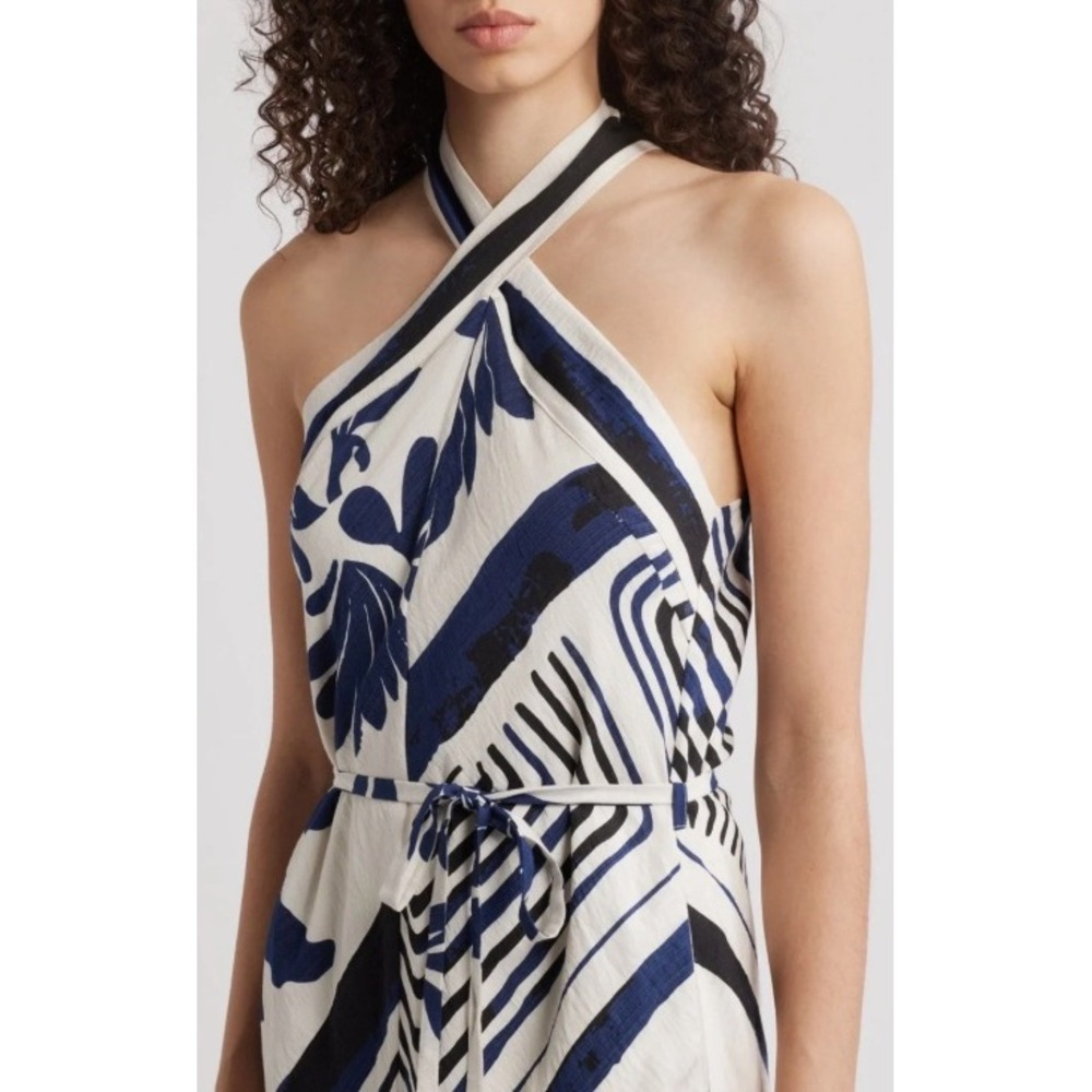 Ciebon Navy Blue White Abstract Floral Halter Maxi Dress Size S Small Tie Waist